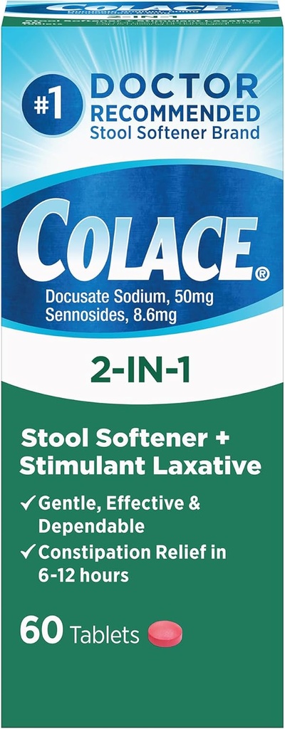 Colace 2-In-1 Stool Softener Plus Estimulante Laxante para el alivio eficaz del estreñimiento suave, Docusate Sodium Plus Sennosides, 60 Conde