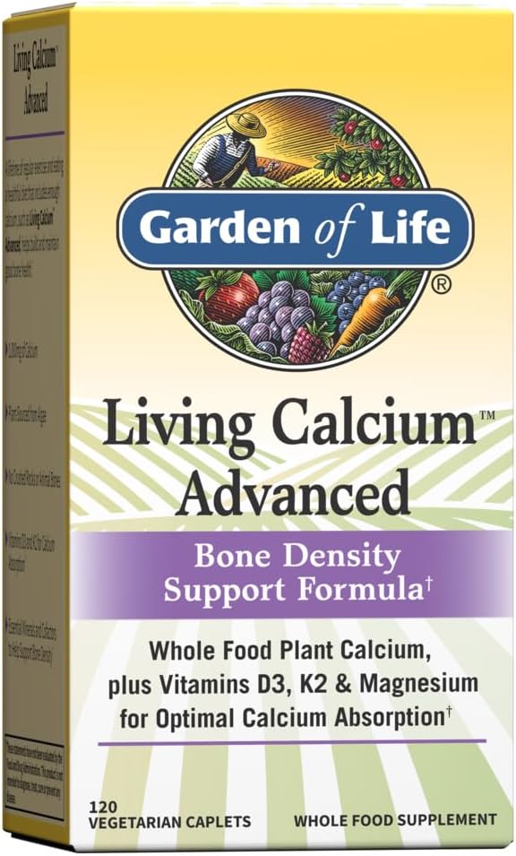 Garden of Life Living Calcium Advanced Bone Density Support Fórmula, 1.000 mg Planta entera de alimentos Calcio Plus Vitaminas D3, K1 y Magnesio para Absorción, 120 Caplets vegetarianos