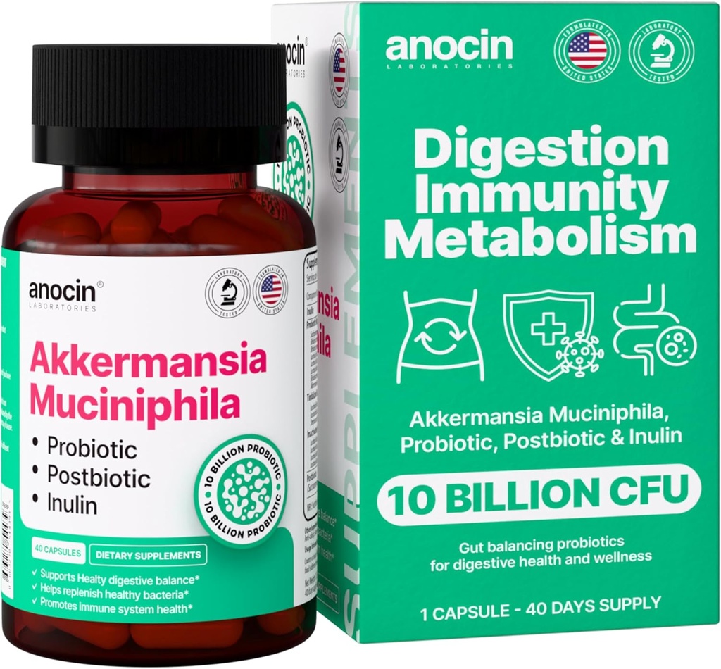 Akkermansia Muciniphila + Probiótico, Postbiótico & Inulina - Gut Health Supplement for Digestion, Immune Support - 10 Billion CFU, Vegan &amp; Gluten-Free