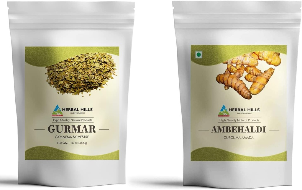 HERBAL HILLS Gurmar Powder &amp; Ambehaldi Powder Silencioso paquete de 2 (16 oz cada uno)