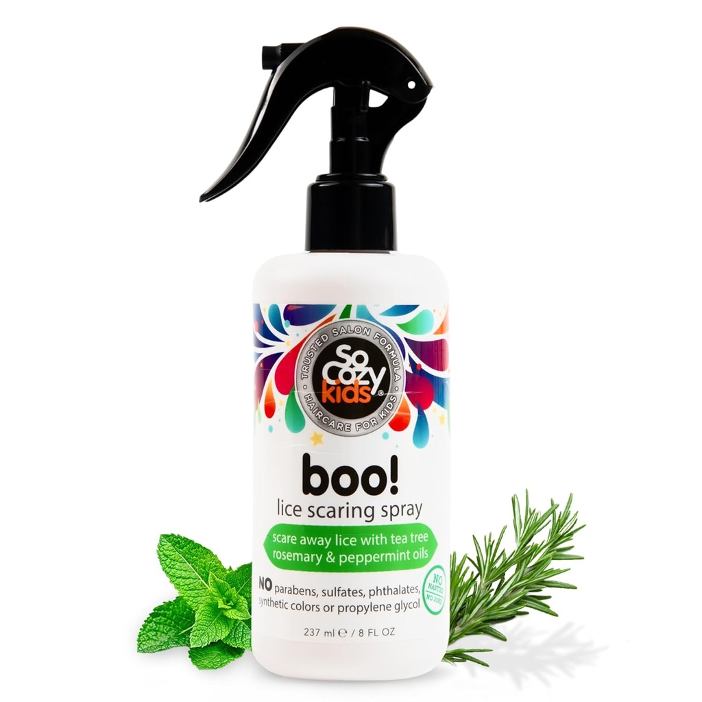 SoCozy Boo Lice Scaring Spray for Kids Hair, Effective Lice Treatment (8 Fl Oz) Clinically Provened to Repel Lice, Conditioning Spray with Tea Tree Oil, Rosemary Oil & Keratin, Paraben & Sulfate Free