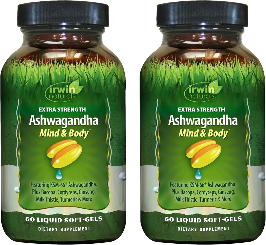 Irwin Naturals Extra Strength Ashwagandha - 60 Liquid Soft-Gels - Helps Boost Physical & Mental Performance - with Tumeric & Milk Thistle - 60 Servings