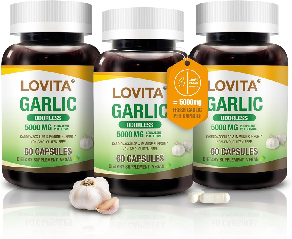 Cápsulas de ajo sin olor de Lovita, 5000mg Equivalente de ajo fresco, 1.25% Extracto de Allicin, soporta el corazón, presión arterial, sistema de colesterol, no GMO, libre de gluten, 180 Cápsulas Veganas