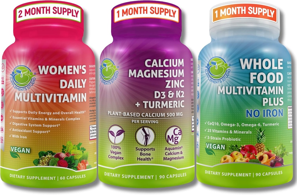 Multivitaminas veganos " Trio de calcio - Multivitamínico de alimentos completos con hierro + mujer multivitamina diaria con hierro + calcium de base vegetal, magnesio, zinc, D3, K2 " Turmérico – Energía, bonificación " Apoyo inmunitario