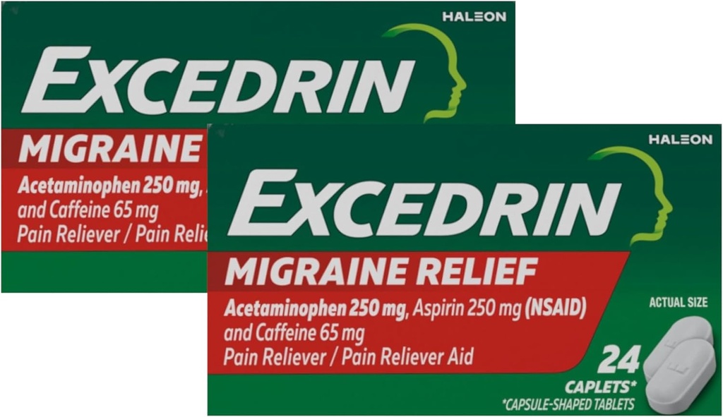 Excedrin Migraine Pain Reliever Caplets, 24 Count (Pack of 2)