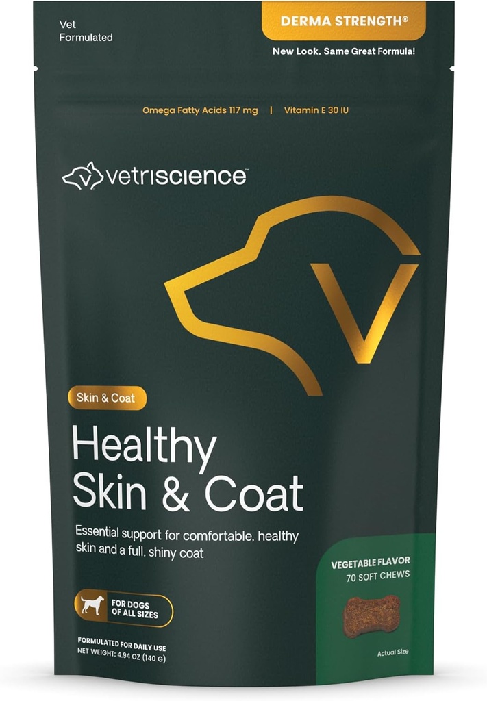 VetriScience Healthy Skin & Coat Chews, Derma Strength Omega-3 Salmon Oil Supplement for Dogs, Omega Skin and Coat Chews, Skin Health, Coat Growth, Fish Oil and Vitamin E, Veggie, 70 Count