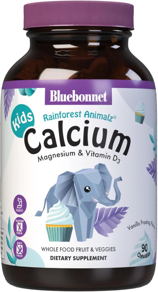 BlueBonnet Super Earth Rainforest Animalz Calcium Magnesium y Vitamina D3 Chews, Natural Vanilla Frosting, Blanco, 90 Conde