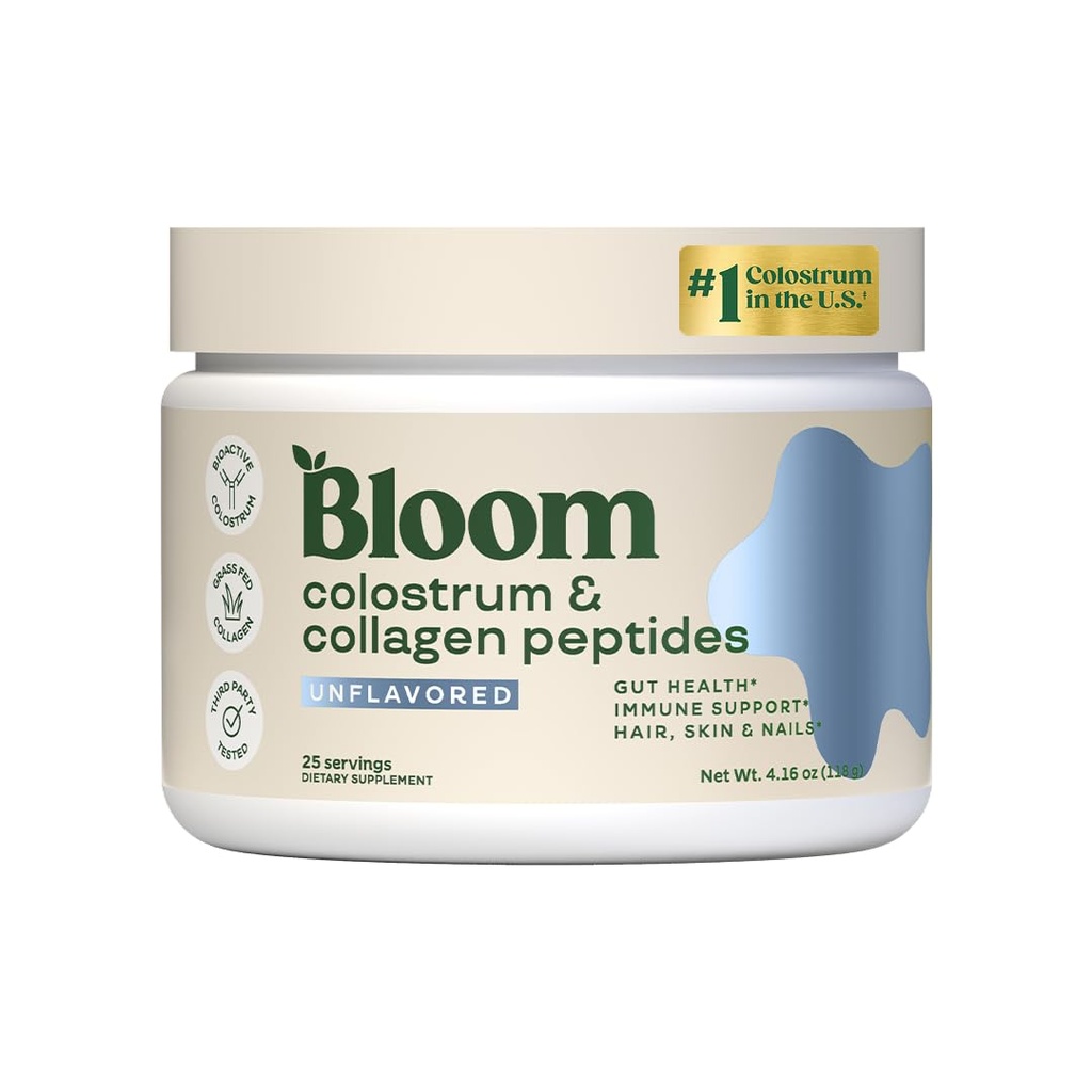 Bloom Nutrición Bovine Colostrum Powder con vitamina B-12 para Gut Health, Apoyo Inmunitario, Crecimiento del cabello &amp; Belleza Suplemento Silencioso, 25 Servimientos