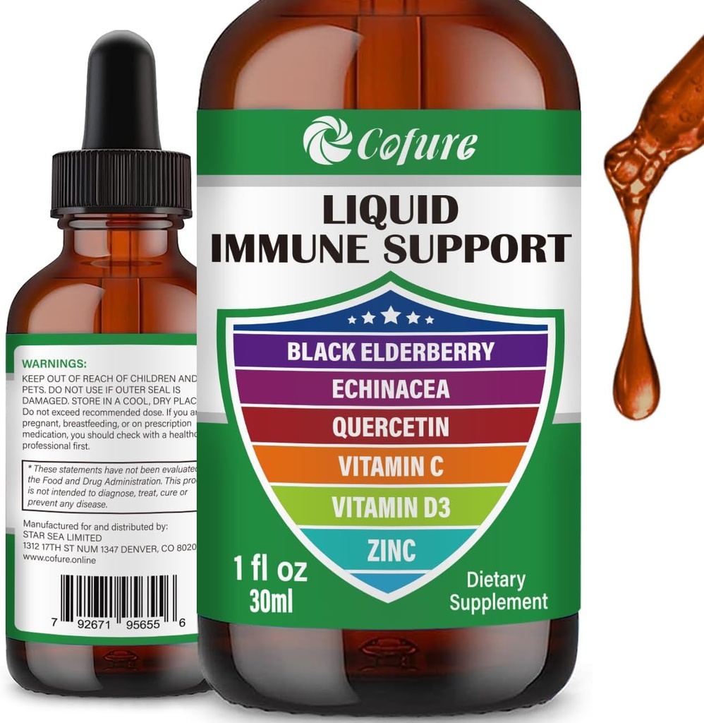 Zinc Quercetin Vitamina C D3 Liquid Immune Support with Organic Echinacea Elderberry, Immune Defense Drops Supplement for Adults- Vegan, Non-GMO, Gluten Free - 1 Fl Oz