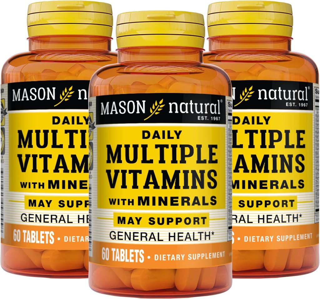 MASON NATURAL Múltiples vitaminas diarias con minerales - 24 vitaminas esenciales y minerales, todo en una multivitamina, soporta salud general, 60 tabletas (Pack of 3)