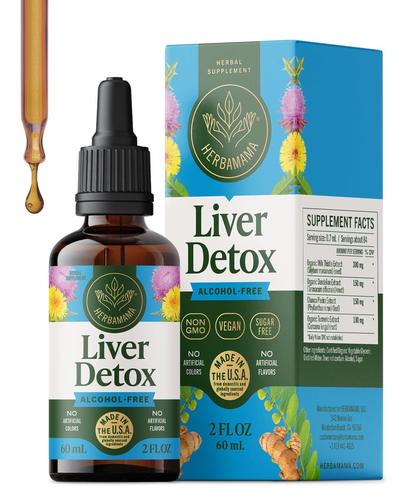 HerBAMAMA Liver Support Tincture - Vegan Liver Detox Liquid Drops with Milk Thistle, Dandelion Root & Chanca Piedra - Non-GMO, Alcohol &amp; Sugar-Free Liquid Cleanse Supplement, 42-Day Supply