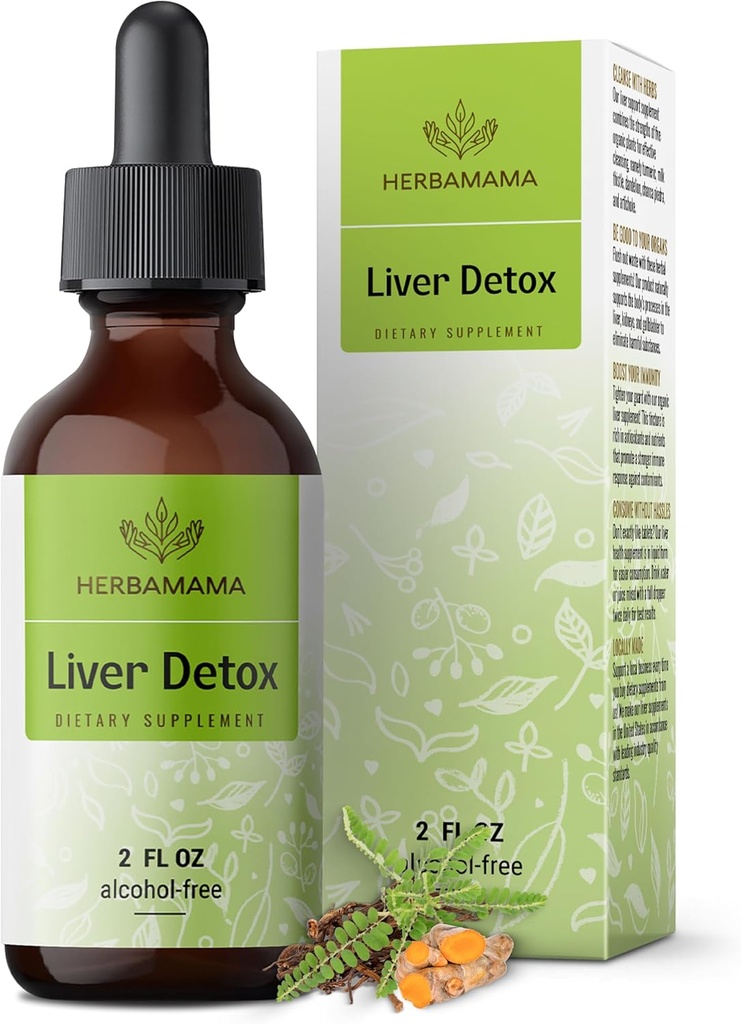 HerBAMAMA Liver Support Tincture - Vegan Liver Detox Liquid Drops with Milk Thistle, Dandelion Root & Chanca Piedra - Non-GMO, Alcohol &amp; Sugar-Free Liquid Cleanse Supplement, 42-Day Supply
