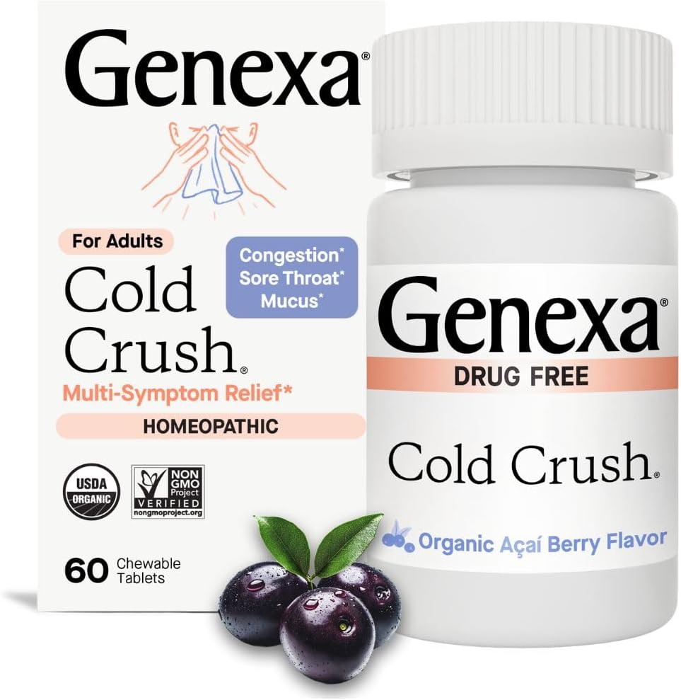 Genexa Cold Crush Ø Multi-Symptom Cough < Cold Relief for Adults ← Delicious Organic Acai Berry Flavor ← Certified Organic &amp; Non-GMO TEN Homeopathic Remedy Made Clean ← 60 Chewable Tablets