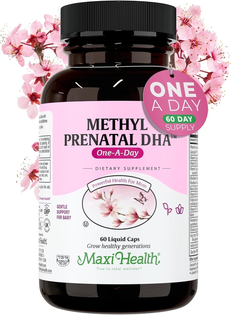 Maxi Health - Methyl Prenatal DHA Prenatal Vitaminas Mujeres - Doctor Formulado, Kosher, Gluten Free Prenatal Multivitamínico con 25 Nutrientes Incluyendo DHA, ácido fólico &amp; Más, 60 Líquidos