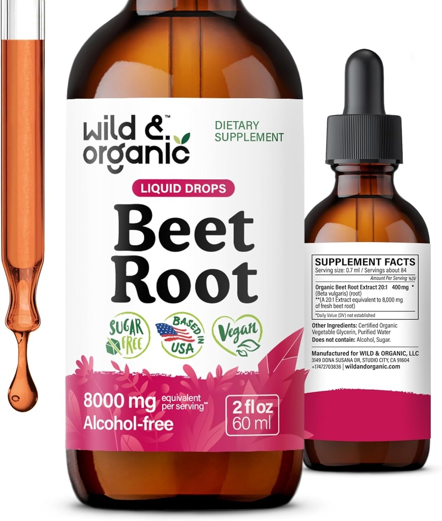 Wild &amp; Organic Beet Root Tincture - 8000 mg Fresh Beetroot Extract Equivalent - Liquid Beet Root Suplementos para Hombres &amp; Mujeres - 400 mg por Serving - Vegan, Alcohol &amp; Sin azúcar - 2 fl oz