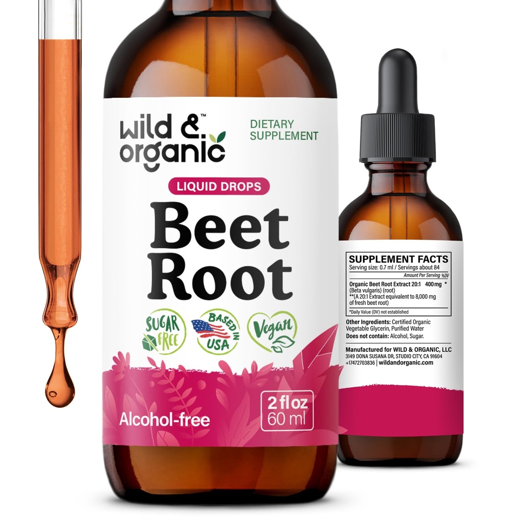 Wild &amp; Organic Beet Root Tincture - 8000 mg Fresh Beetroot Extract Equivalent - Liquid Beet Root Suplementos para Hombres &amp; Mujeres - 400 mg por Serving - Vegan, Alcohol &amp; Sin azúcar - 2 fl oz