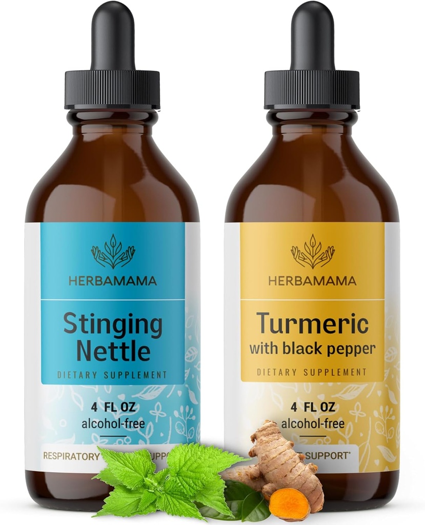 HERBAMAMA Herbal Liquid Drops Kit - Bundle of Stinging Nettle & Turmeric Curcumin Tincture 4 fl oz - Vegan, Non-GMO, Sugar & Alcohol-Free - 2 Pack