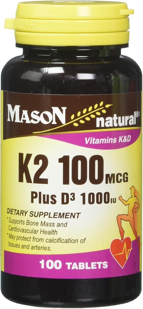 Masón Natural Vitamina K2 100 mcg Plus D3 1000 UI Tablas 100 Cuenta por Botella Pack de 3 Total 300 Tabletas