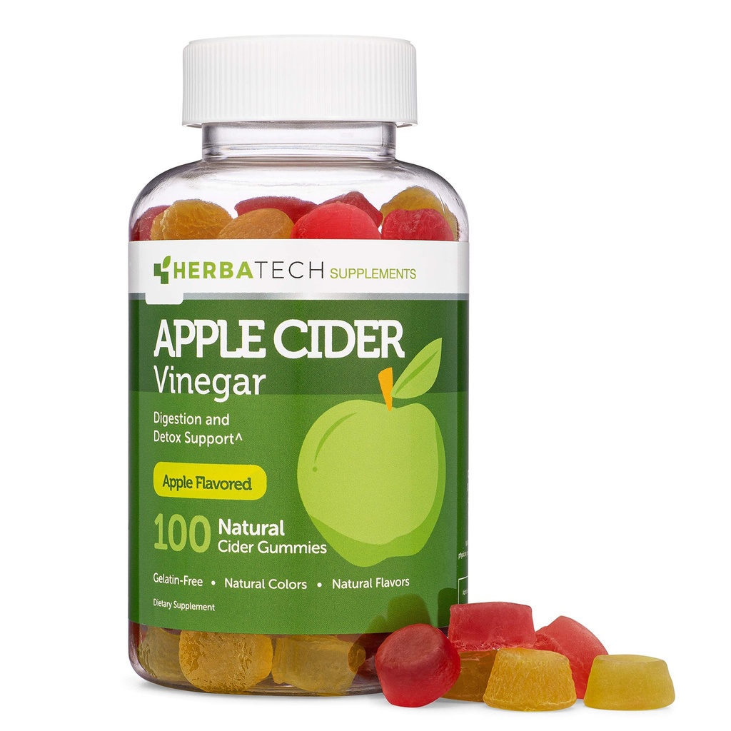 Apple Cider Vinegar Gummies with Mother (100 Gummies, Extra Large Bottle) for Digestion and Detox, Enhanced with Ginger Dry Extract (Chewable, Made in The USA, Gluten Free) from Herbatech