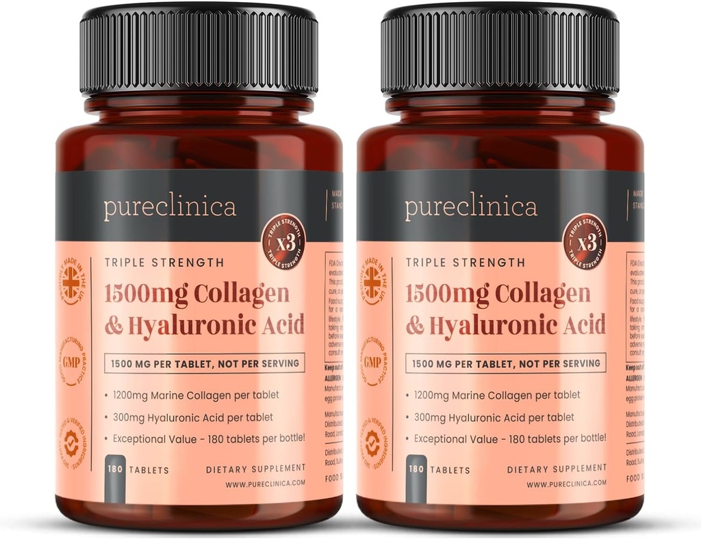 purclinica UltraColl Collagen " Ácido hialurónico 1500mg x 360 Tabletas (2 Botellas de 180) - 1 Años de suministro