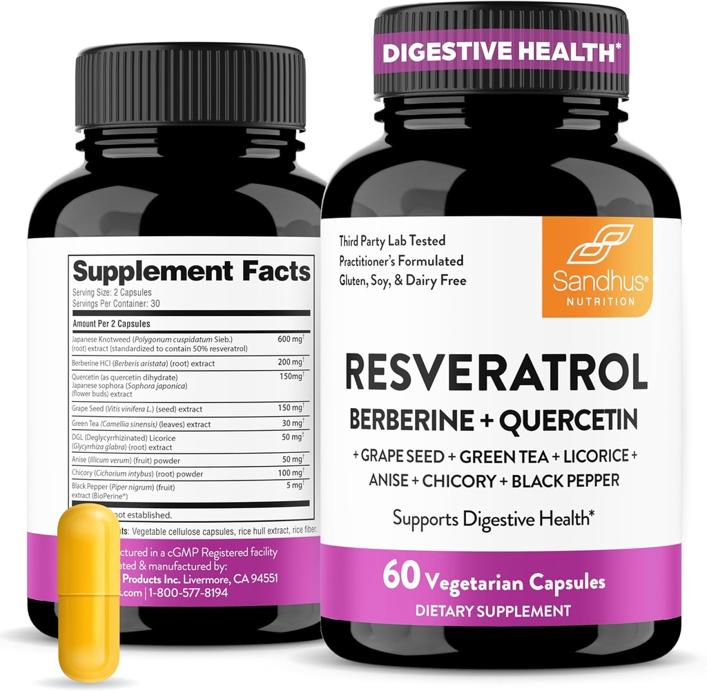 Sandhu's Resveratrol with Berberine for Gut Health ← Suplemento Digestivo para Mujeres &amp; Hombres Silencio Green Tea, Star Anise, DGL, Grape Seed Extract " Quercetin TEN Eases Bloating TEN 60 Capsules (Pack of 1)