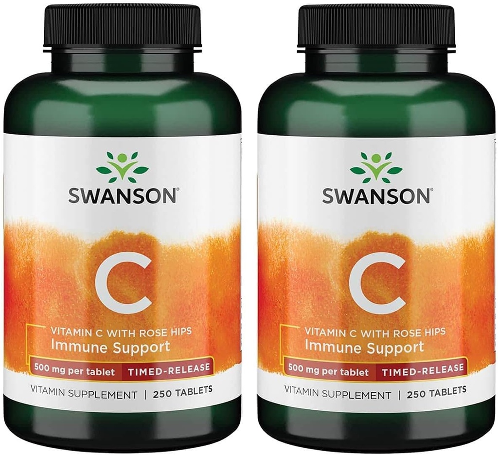 Swanson Timed-Release Vitamin C with Rose HIPS Immune System Support Skin Cardiovascular Health Antioxidant Suplemento 500 mg 250 Tablets (Tabs) (2 Pack)