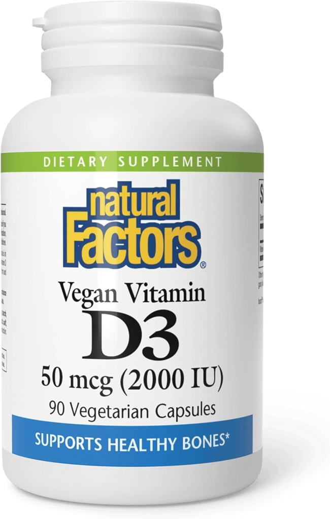 Factores naturales Vitamina Vegana D3 2000 UI, apoya la salud ósea e inmunitaria, 90 cápsulas