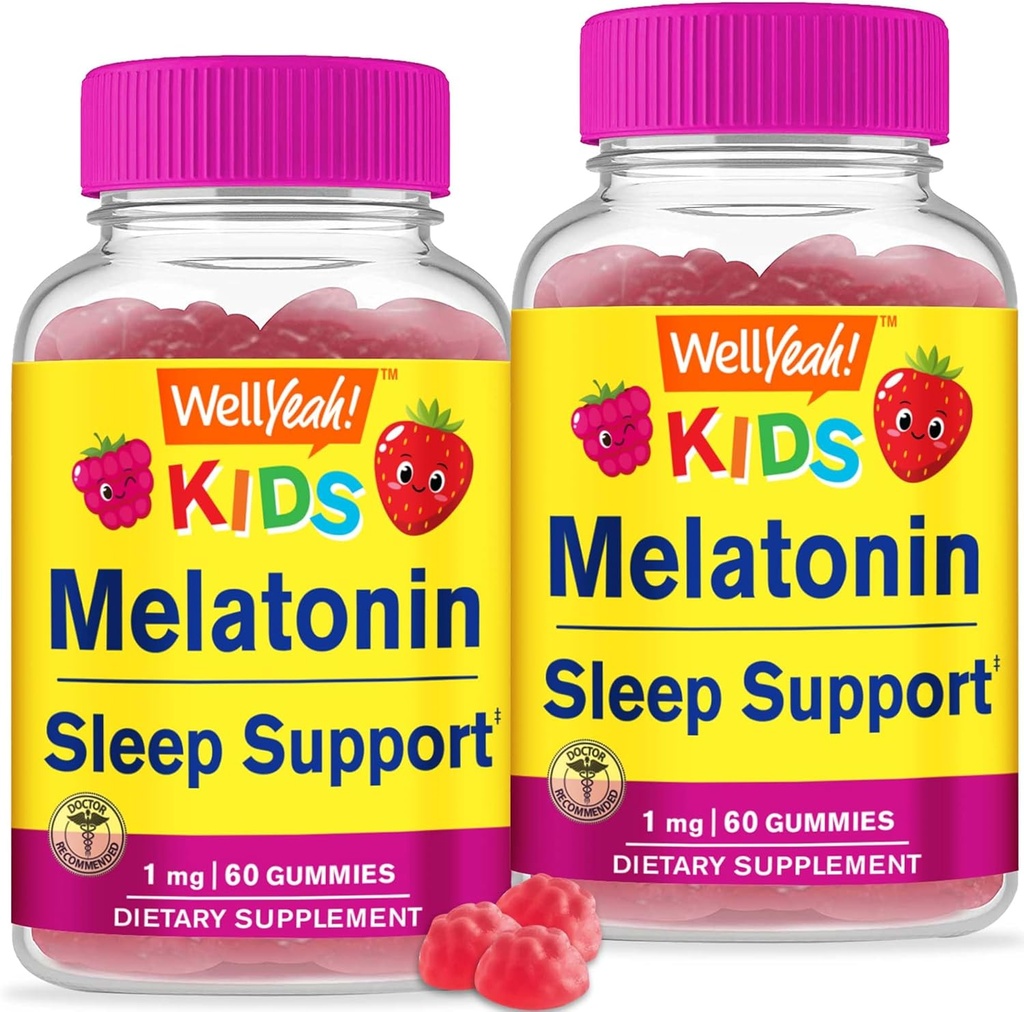 WellSi Kids Melatonin Gummies 1 mg (2 Pack) - Ayuda para el sueño sin drogas Suplemento Gummy, Apoyo para el sueño para niños - Gluten Gratis, Gelatin Gratis, No GMO, Vegetariano - Sabor natural - 60 Gummies