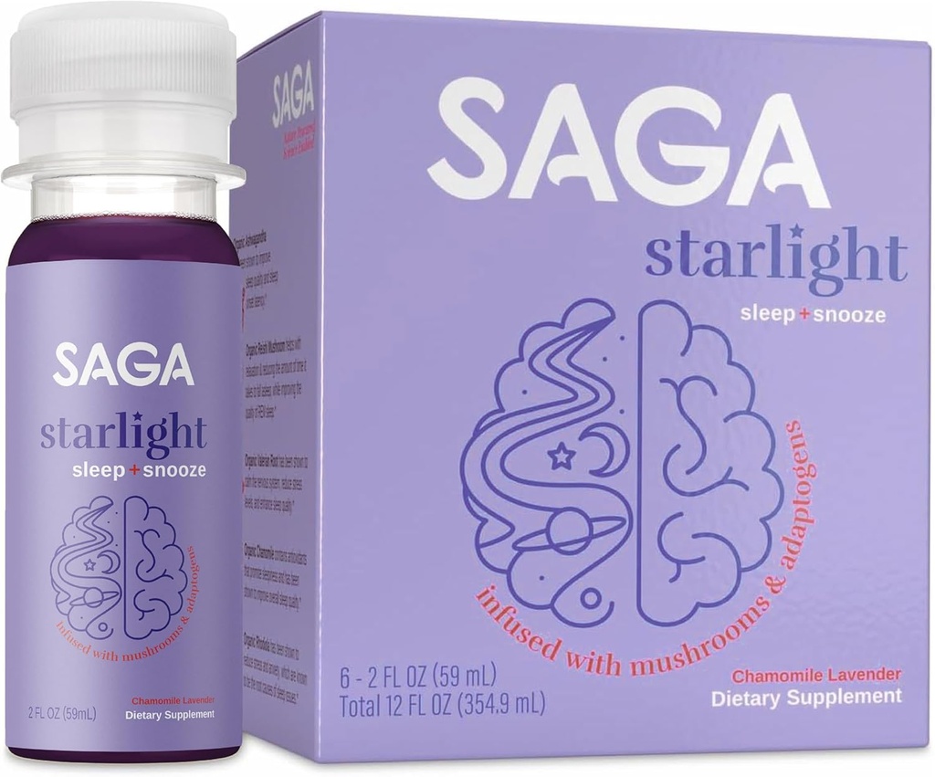 Zapatos de sueño orgánicos SAGA Starlight – Asistencia natural para dormir con Melatonina, Reishi, Valerian Root, Ashwagandha, Chamomile – Sin azúcar, Vegan, Zero Calories, Apoyo al sueño basado en plantas, Tamaño del viaje (2 Oz)