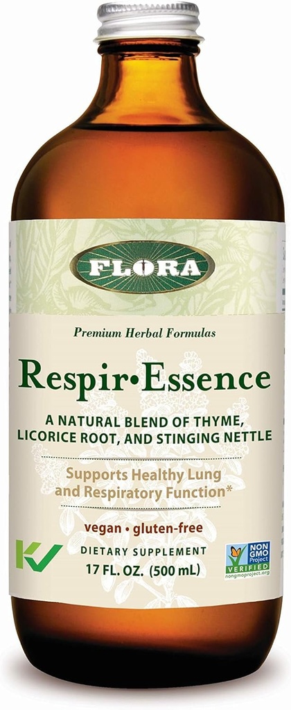 Flora - Respir-Esencia - Apoya la salud pulmonar respiratoria - Contiene tomillo, raíz de regaliz, Elecampane &amp; More - No GMO, Vegan, libre de gluten &amp; Kosher - 17 fl. oz. Botella de vidrio