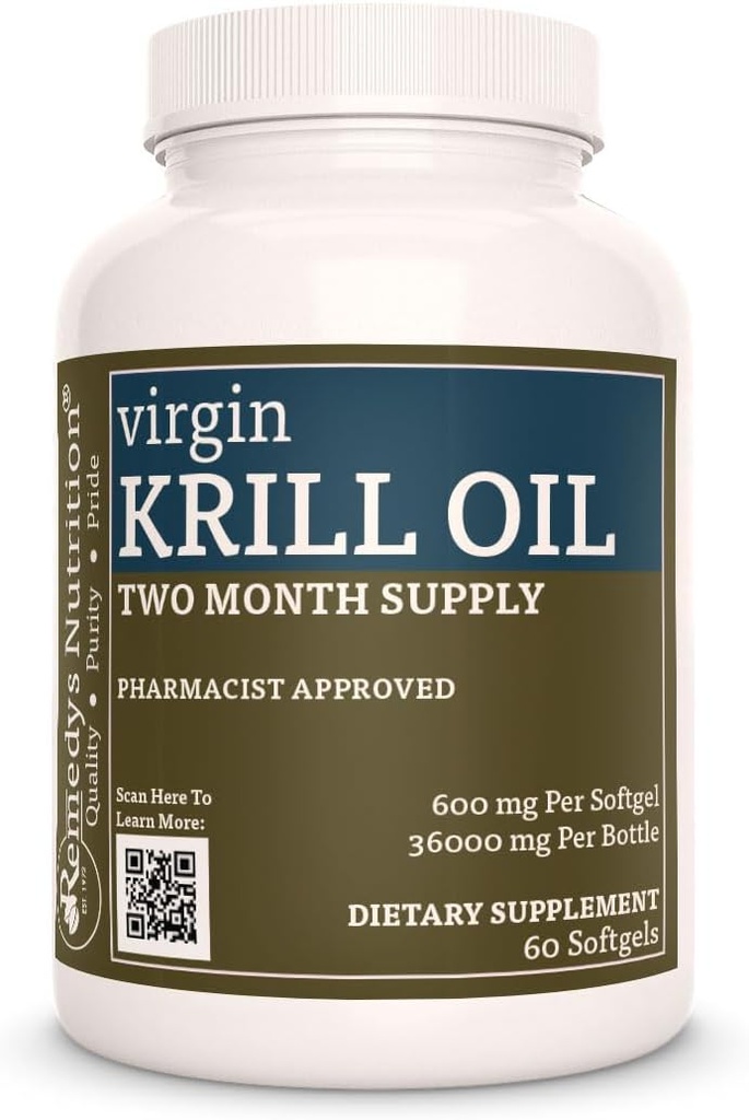Aceite de Krill Virgen Nutrición de Remedy (Omega-3 ácidos grasos: EPA & DHA) TEN 600 mg, 60 Softgels Suplemento dietético TENIDO Dos meses de suministro