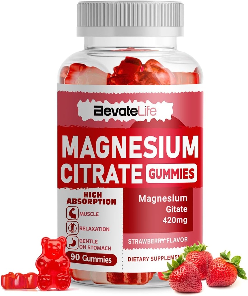 Magnesium Citrate Gummies 420mg por Serving - 90 Gummies Vegan - Promueve Relajación Saludable, Muscle, Bone, " Energy Support (90 Strawberry Gummies)