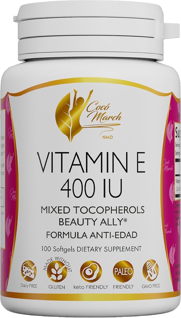 Cocó Marzo N.M.D Vitamina Natural E 400 IU-Mixed Tocopherols, Beauty Ally, 3 Mes de Suministro - Gluten Gratis, Paleo Friendly, Dairy Free, Keto Friendly, GMO Gratis, 100 Softgels