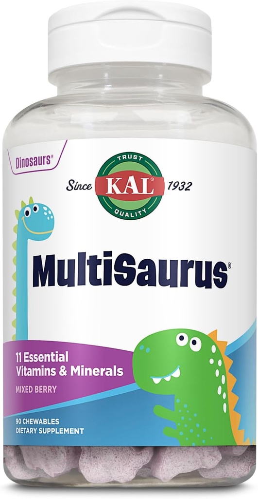 KAL MultiSaurus Kids Chewable Multivitamins, 11 Vitaminas y Minerales Esenciales para Niños, Sabor de Berry mixto, Gluten y Preservative Free, 90 Servings, 90 Chewables Dinosaurio-Shaped