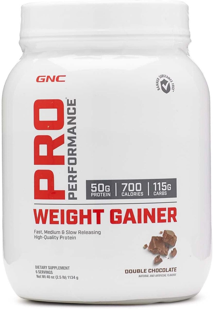 GNC Pro Performance Weight Gainer Protein Powder, 50g Protein, Calorie alta, 700 calorías, soporta la recuperación de masa y músculo, MCT, BCAA, 3er partido probado, Chocolate doble, 6 piezas, 2,5 libras