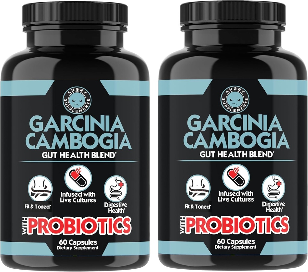 Suplementos Angry Garcinia Cambogia con Probióticos, Gut Health Multivitamin w. Vitaminas A, C, D, E, K, B2, Zinc, Selenium, Copper, Chromium + Herbal Blend Capsules (2- Botellas, 120ct Total)