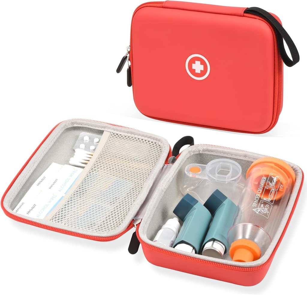 Caso de viaje duro Fukumi para inhalador de asma, inhalador caso espaciador para niños y adultos, máscaras, accesorios de asma Caso con bolsillo de malla para la medicina y otros accesorios, rojo (sólo caja)