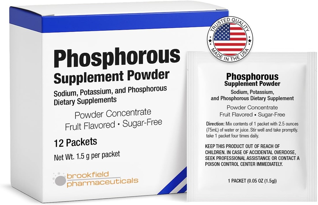 Suplementos de fósforo 12 Packets, Suplementos dietéticos Polvo con fosfato de sodio y fosfato de potasio, suplemento fósforo saboreado de frutas Polvo para electrolito, salud ósea y salud renal