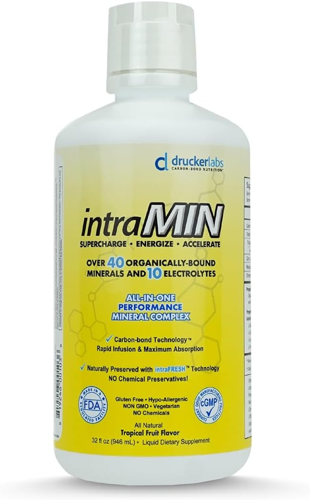DRUCKER Labs - IntraMIN Organic Liquid Trace Minerals Suplemento dietético para Hombres, Mujeres, Niños, Immune Support, Muscle Support, Non Gluten Free, Vegan, Electrolytes (32 oz., Tropical Fruit Punch)