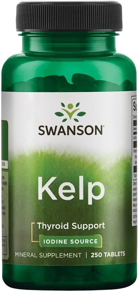 Swanson Premium Brand Kelp - Natural Iodine Source Supporting Thyroid Health - Mineral Supplement w/Iodine Source Standardized 0.4% - (250 Tablets, 225mcg Cada uno)
