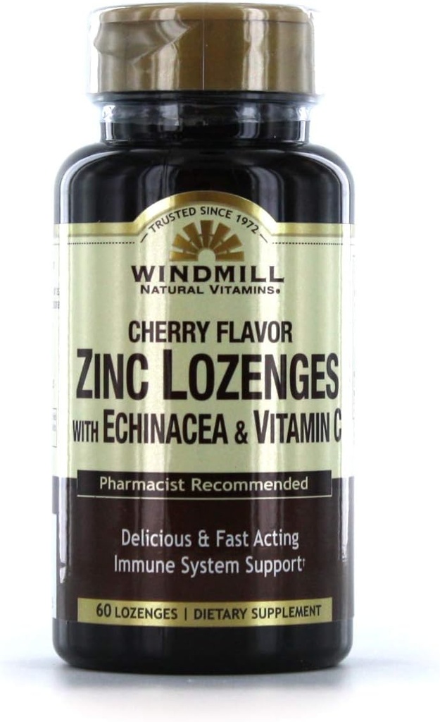 Molino de viento Vitaminas Zinc Lozenges Con Echinacea & Vitamina C - Cherry Flavor, 60 Lozenges, 60 Servings, 60 Cuenta