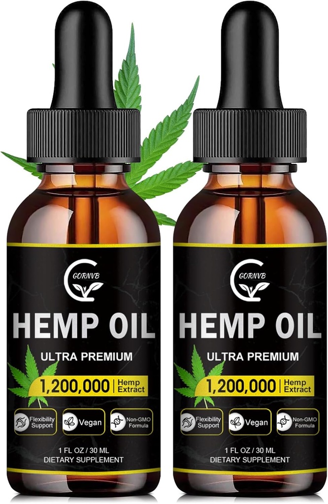 (2-Pack) Aceite de cáñamo de alta potencia - Fuerza máxima, Soporte de sistema inmunitario, calma de enfoque, relajación, orina, extracto puro, orgánico, vegano, no GMO