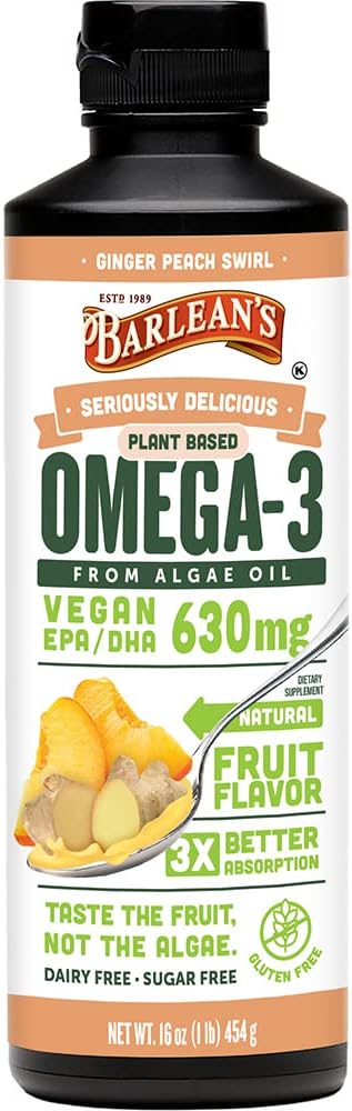 Barlean's Ginger Peach Vegan Omega 3 Suplemento, Liquid Algae Oil con 630 mg EPA & DHA, Plant Based Omegas from Algal Oil, Non-GMO & Gluten Free, 16 oz