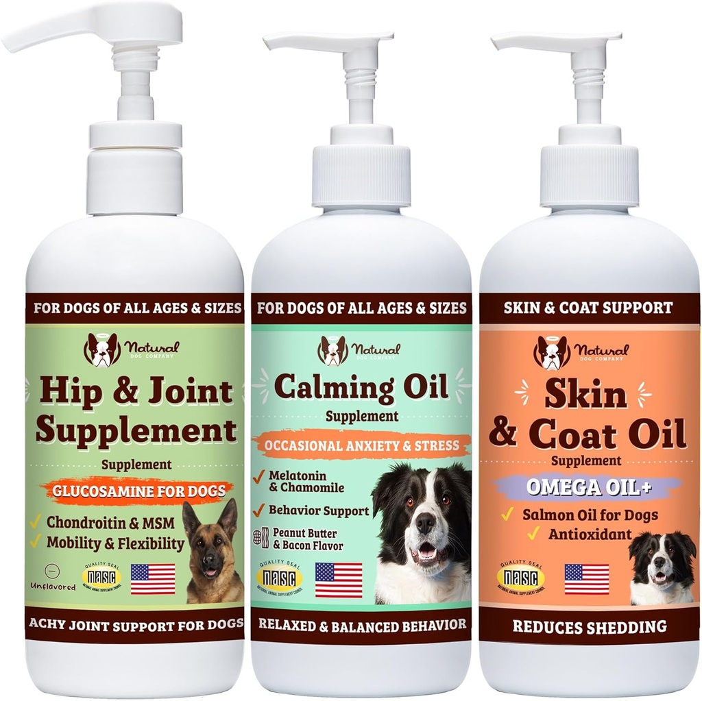 Natural Dog Company Wellness Bund$le for Dogs, Food Toppers, Liquid Supplements with (1) Skin &amp; Coat Oil, (1) Liquid Glucosamine, (1) Calming Oil
