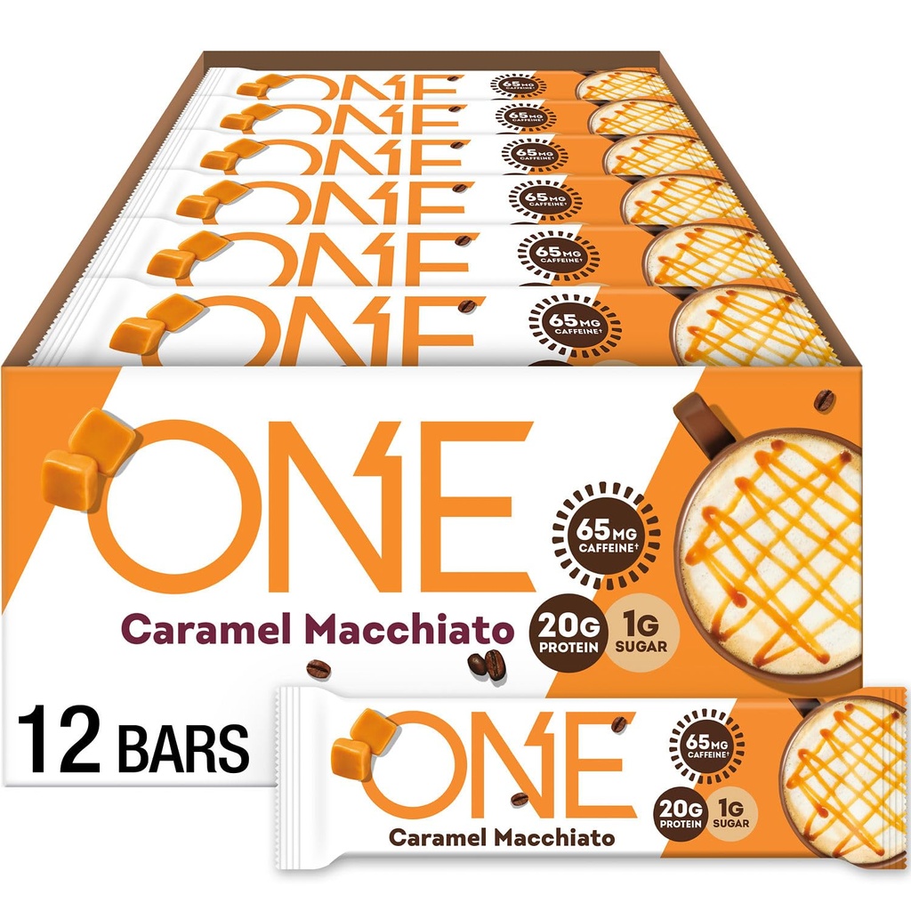 ONE Coffee Shop Caffeinated Protein Bares, Caramel Macchiato, Gluten Gratis con 20g Proteína y 65 mg de Caffeine Energy, Pantry Staples, 2.12 oz (12 Conde), Packaging May Vary