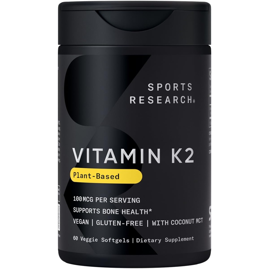 Sports Research® Vitamin K2 como MK-7 100mcg con aceite de MCT de coco - 60 Veggie Softgels (2 mes de suministro) Certified Vegan, No GMO Verified, Gluten &amp; Soy Free