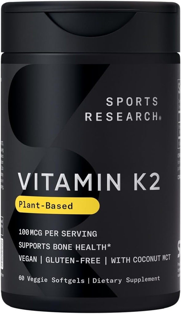 Sports Research® Vitamin K2 como MK-7 100mcg con aceite de MCT de coco - 60 Veggie Softgels (2 mes de suministro) Certified Vegan, No GMO Verified, Gluten &amp; Soy Free