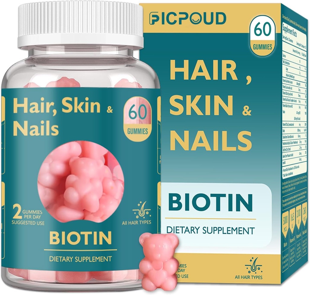 Peluquería y uñas Biotina Gummies, soporta el cabello saludable, las uñas de la piel, las vitaminas vegas para hombres y mujeres, apoya el crecimiento del cabello y las uñas más fuertes, la piel sana, 30 días de suministro