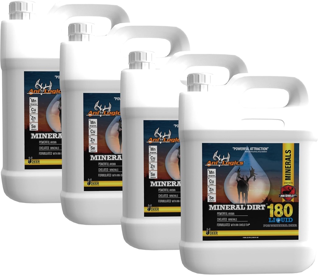 Ani-Logics Outdoors Mineral Dirt 180 Liquid Deer Mineral - Pour-On Attractant for Blocks, Logs, & Stumps - Create Mineral Licks & Support Herd Health - 1 Gallon, 4 Pack