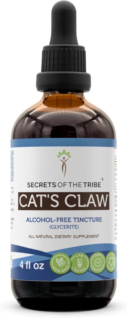 Secrets of the Tribe Cat's Claw Tincture Alcohol-Free Liquid Extract, Wildcrafted Cat's Claw (Uncaria Tomentosa) Dried Inner Bark (4 FL OZ)